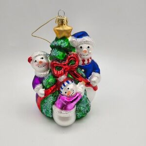 Radko Style Hand-Painted Glass Snowman Family & Christmas Tree Ornament